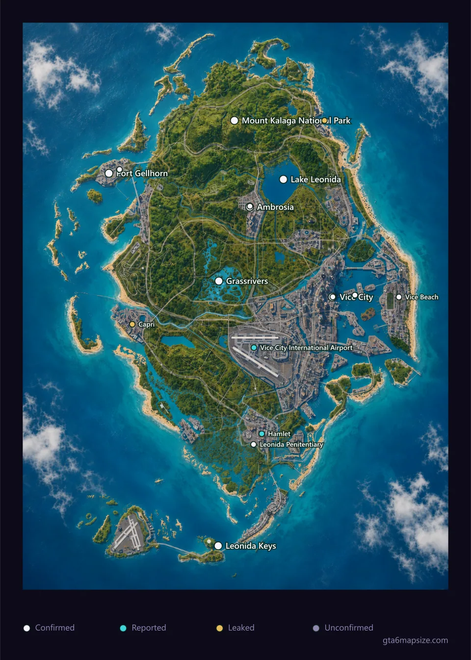Map of the State of Leonida showing the six regions, Vice City, the Leonida Keys and Lake Leonida, with each place coloured by how solid the evidence for it is